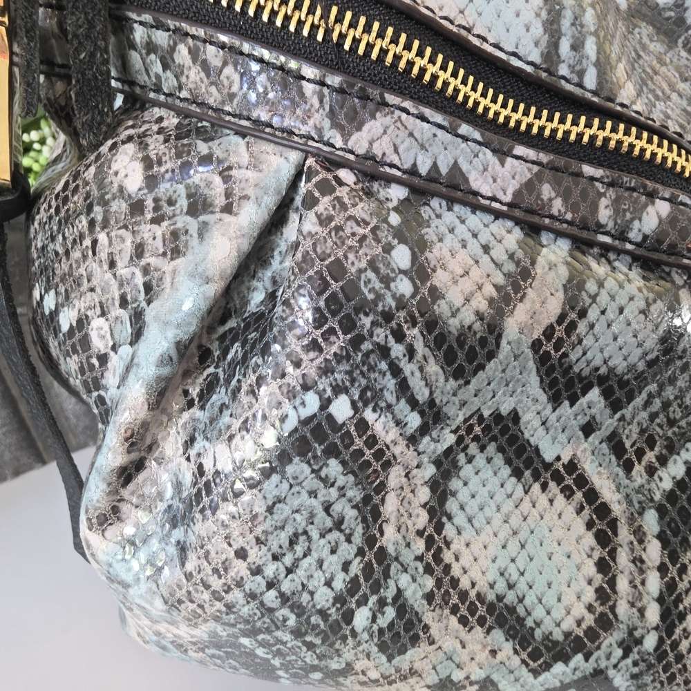 Aimee Kestenberg Snakeskin Embossed Leather Hobo Bag Gray Black Pale Blue - Picture 15 of 16
